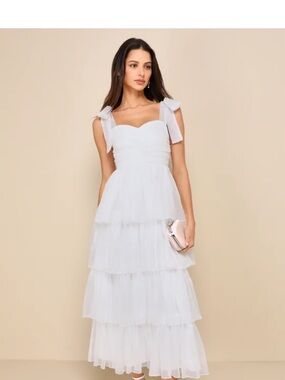 Lulu's White Organza Tiered Maxi with Tie Shoulder Straps